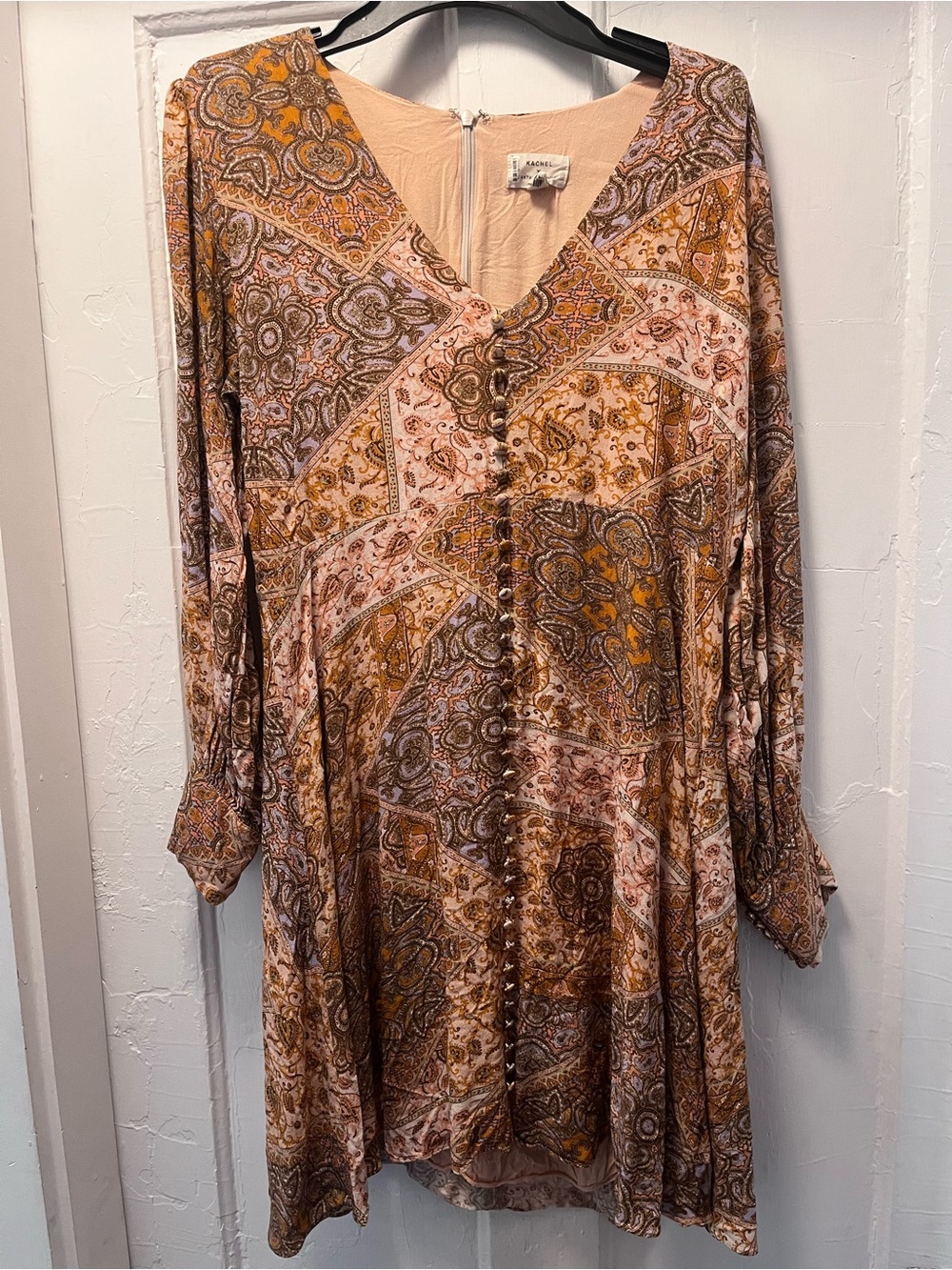 Boho Patchwork Print V-Neck Dress in Mustard - Picture 2 of 6